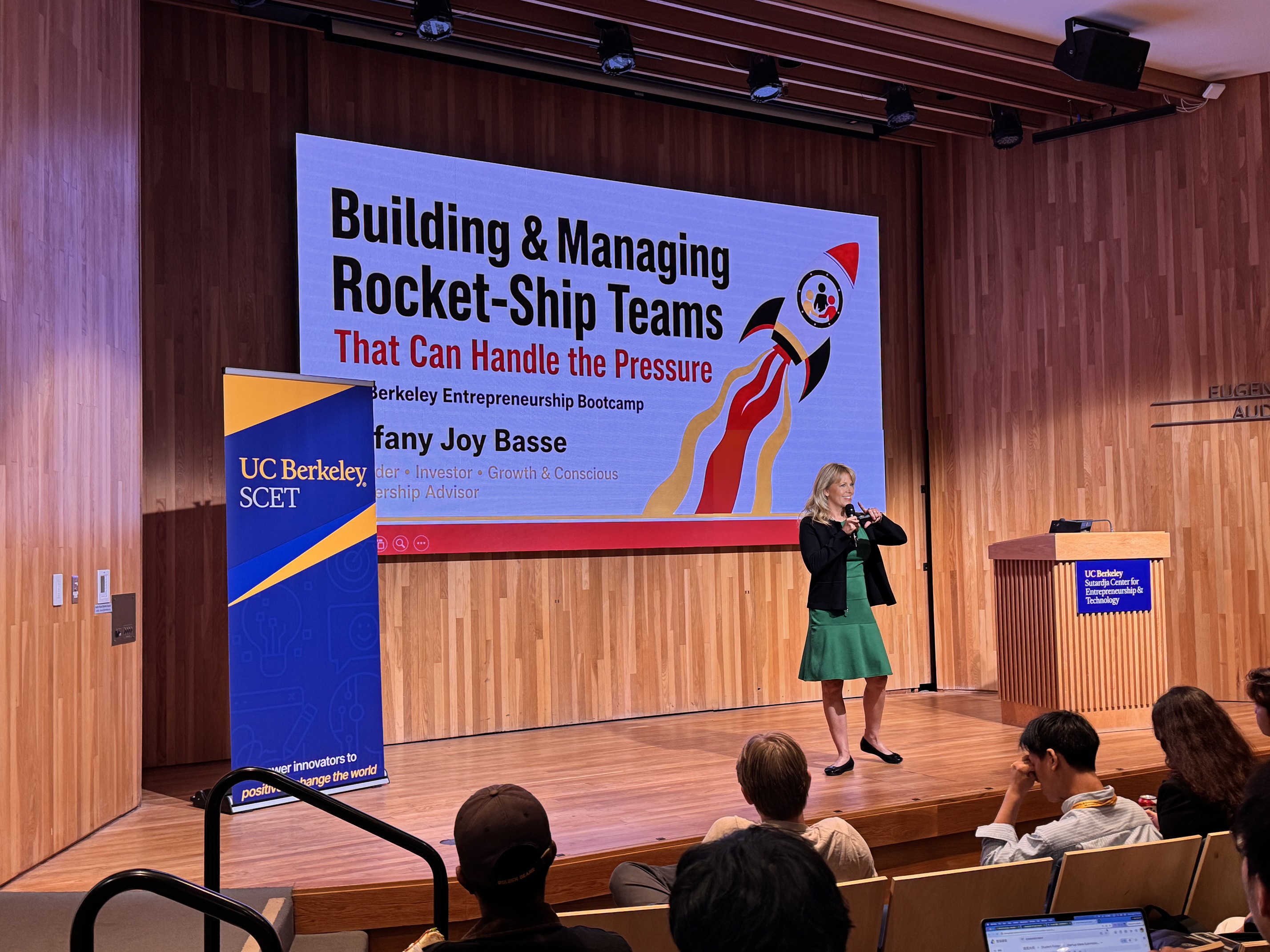 Tiffany Joy Basse on stage at the UC Berkeley SCET Entrepreneurship Bootcamp, teaching a session on building startup teams that can handle the pressure